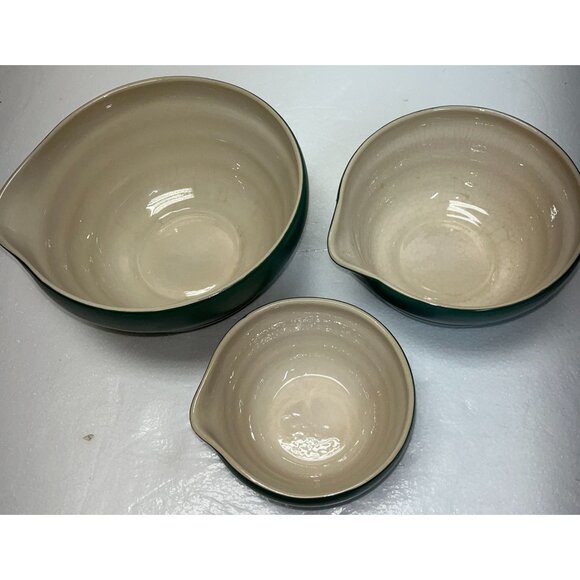 Vintage New Debco Teal Green & Cream Ceramic Mixing Bowl Set Of 3 Collectable - Picture 4 of 8